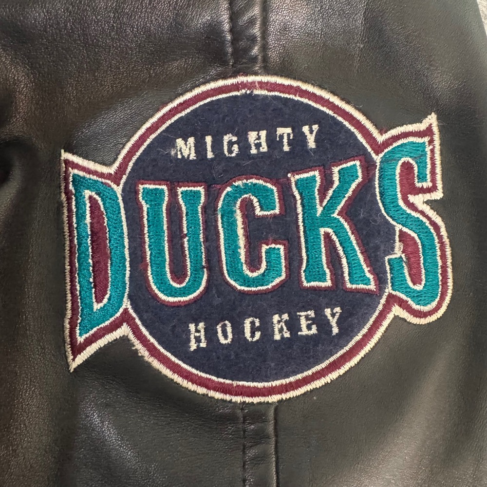 VTG Identity Inc Mighty Ducks Leather Wool Varsity Jacket Gray Made in USA Large - Picture 6 of 15